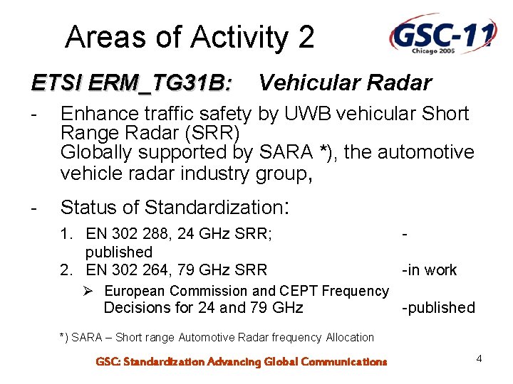 Areas of Activity 2 ETSI ERM_TG 31 B: Vehicular Radar - Enhance traffic safety