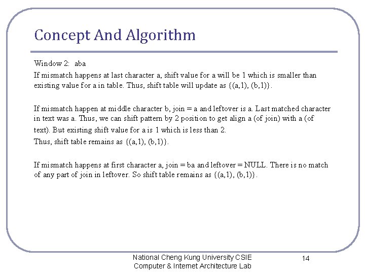 Concept And Algorithm Window 2: aba If mismatch happens at last character a, shift