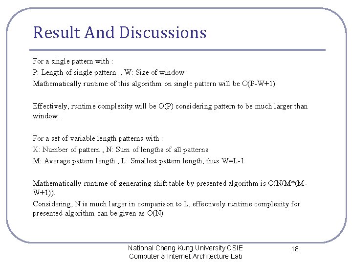 Result And Discussions For a single pattern with : P: Length of single pattern