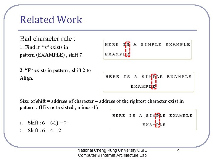Related Work Bad character rule : 1. Find if “s” exists in pattern (EXAMPLE)