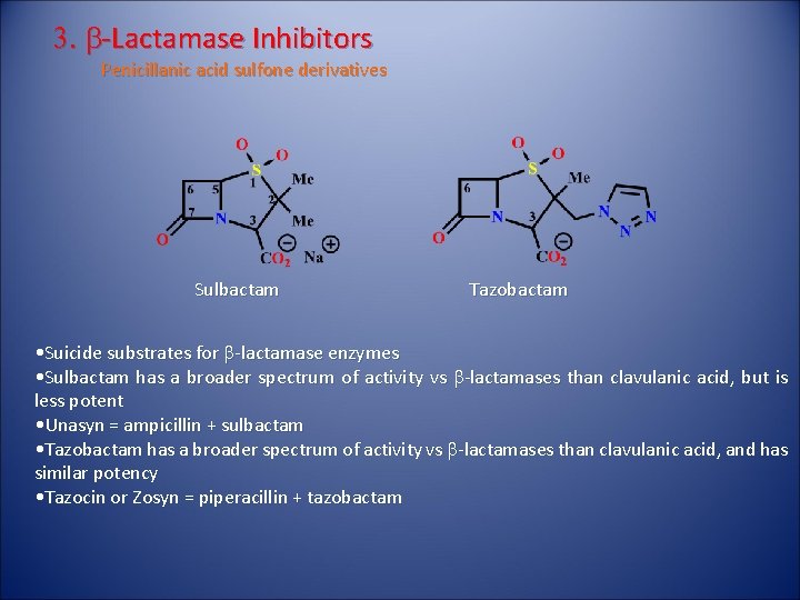 3. b-Lactamase Inhibitors Penicillanic acid sulfone derivatives Sulbactam Tazobactam • Suicide substrates for b-lactamase
