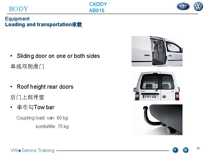CADDY AB 016 BODY Equipment Loading and transportation承载 • Sliding door on one or