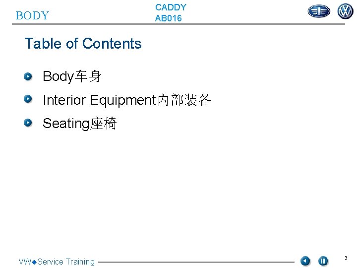 BODY CADDY AB 016 Table of Contents Body车身 Interior Equipment内部装备 Seating座椅 VW◆Service Training 3