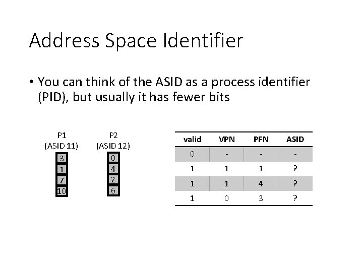 Address Space Identifier • You can think of the ASID as a process identifier