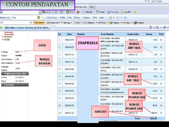 CONTOH PENDAPATAN GOLD 23 APR 2010 BONUS AIR-TIME BONUS MENAJA BONUS AIR-TIME BONUS POWER