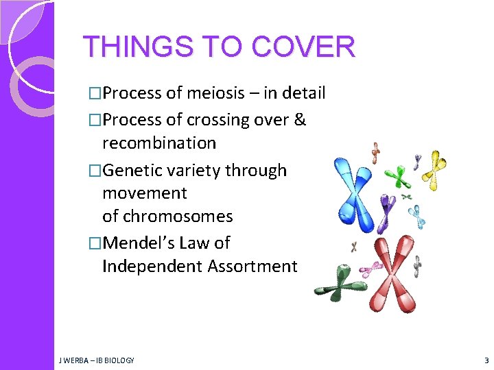 THINGS TO COVER �Process of meiosis – in detail �Process of crossing over &