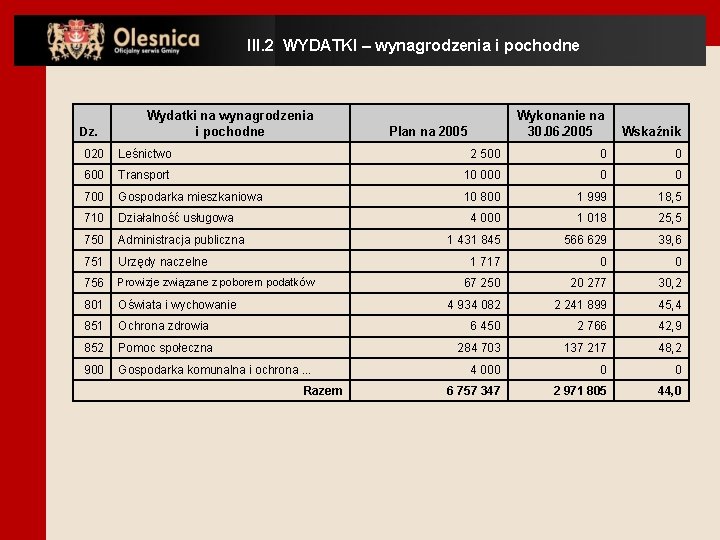 III. 2 WYDATKI – wynagrodzenia i pochodne Dz. Wydatki na wynagrodzenia i pochodne Plan