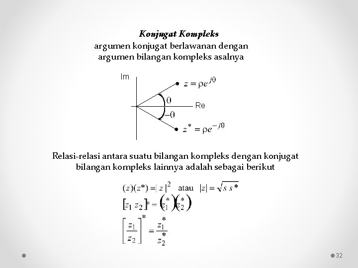 Konjugat Kompleks argumen konjugat berlawanan dengan argumen bilangan kompleks asalnya Im Re Relasi-relasi antara