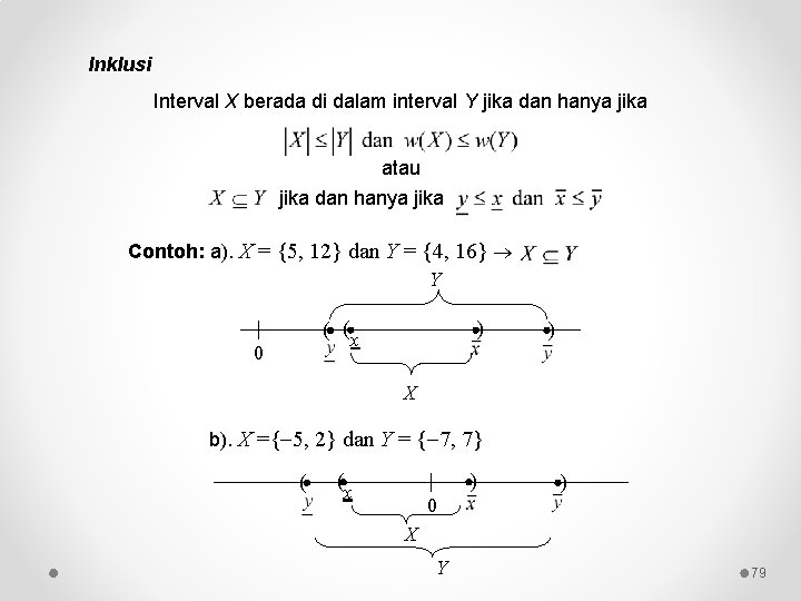 Inklusi Interval X berada di dalam interval Y jika dan hanya jika atau jika