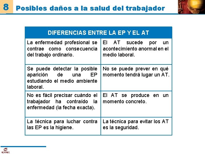 8 Posibles daños a la salud del trabajador DIFERENCIAS ENTRE LA EP Y EL