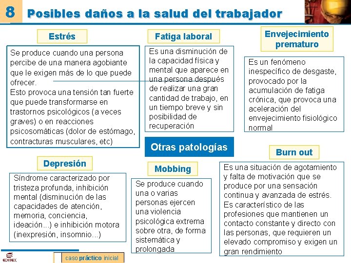 8 Posibles daños a la salud del trabajador Estrés Se produce cuando una persona