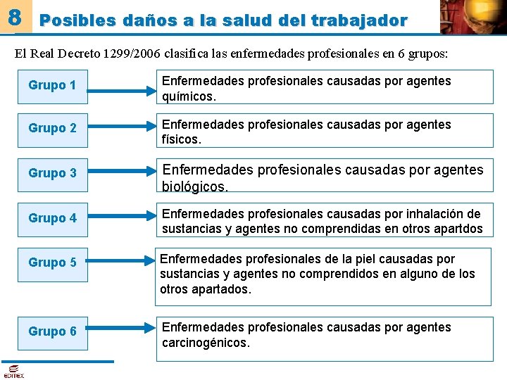 8 Posibles daños a la salud del trabajador El Real Decreto 1299/2006 clasifica las