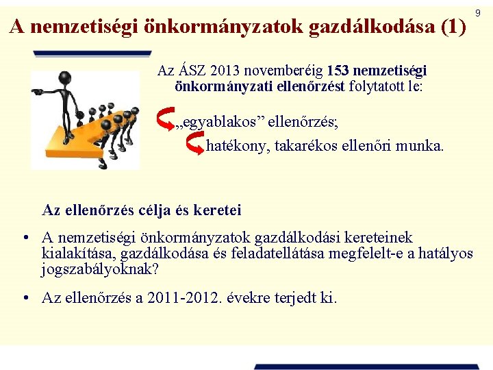 A nemzetiségi önkormányzatok gazdálkodása (1) Az ÁSZ 2013 novemberéig 153 nemzetiségi önkormányzati ellenőrzést folytatott