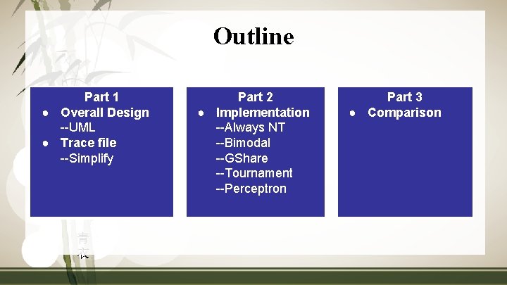 Outline Part 1 ● Overall Design --UML ● Trace file --Simplify 青 衣 Part