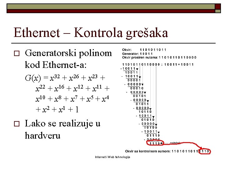 Ethernet – Kontrola grešaka o Generatorski polinom kod Ethernet-a: G(x) = x 32 +