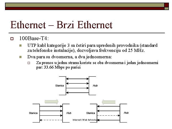 Ethernet – Brzi Ethernet o 100 Base-T 4: n n UTP kabl kategorije 3