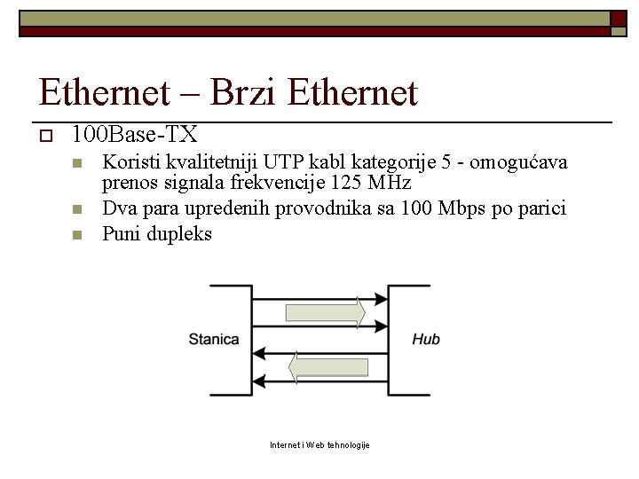 Ethernet – Brzi Ethernet o 100 Base-TX n n n Koristi kvalitetniji UTP kabl