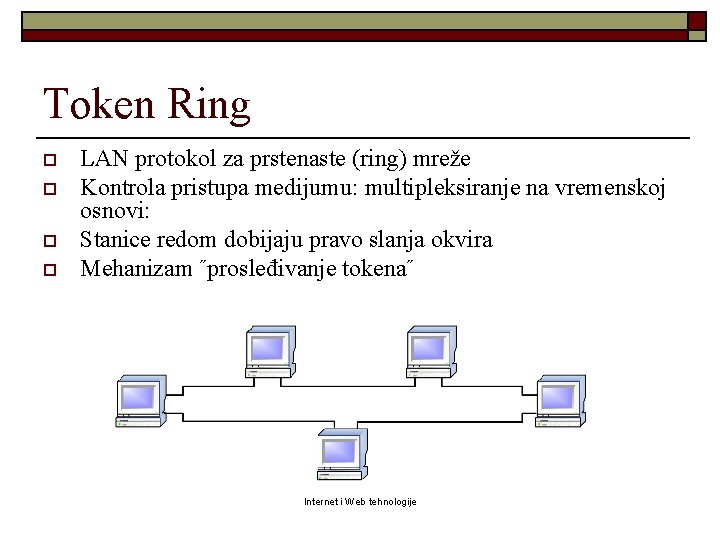 Token Ring o o LAN protokol za prstenaste (ring) mreže Kontrola pristupa medijumu: multipleksiranje