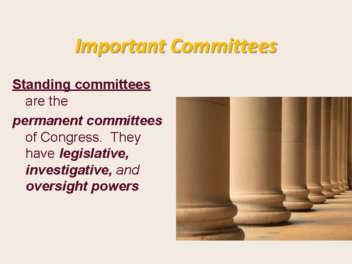 Important Committees Standing committees are the permanent committees of Congress. They have legislative, investigative,