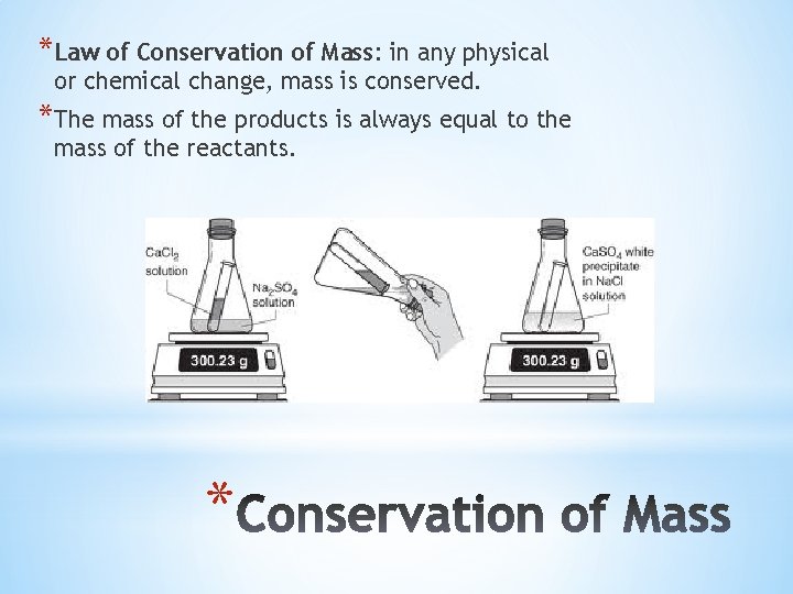 *Law of Conservation of Mass: in any physical or chemical change, mass is conserved.