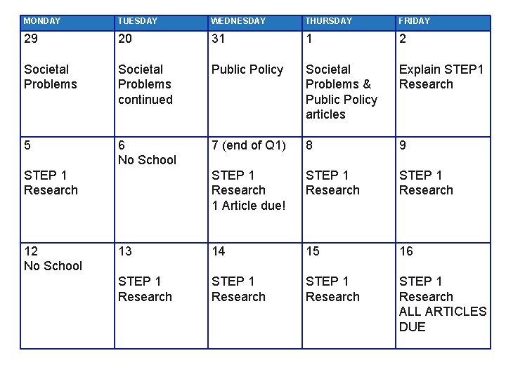 MONDAY TUESDAY WEDNESDAY THURSDAY FRIDAY 29 20 31 1 2 Societal Problems continued Public