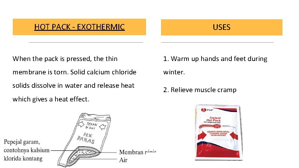 HOT PACK - EXOTHERMIC USES When the pack is pressed, the thin 1. Warm