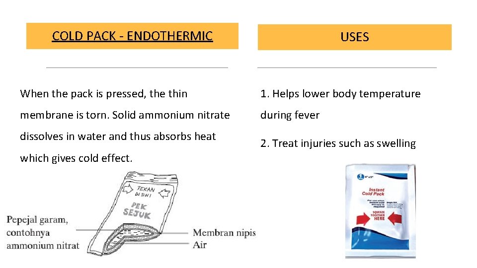 COLD PACK - ENDOTHERMIC USES When the pack is pressed, the thin 1. Helps
