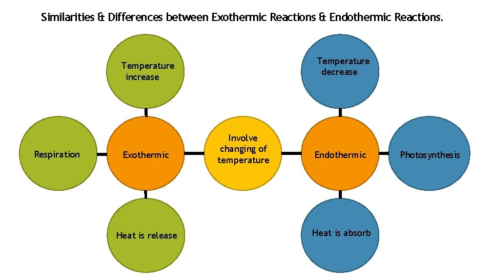 Similarities & Differences between Exothermic Reactions & Endothermic Reactions. Temperature decrease Temperature increase Respiration