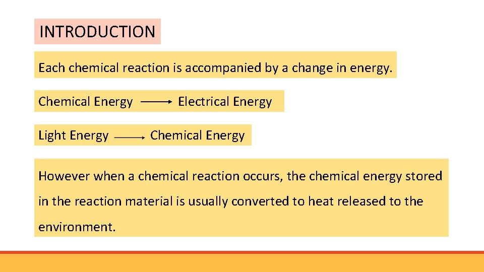 INTRODUCTION Each chemical reaction is accompanied by a change in energy. Chemical Energy Light