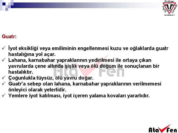 Guatr: ü İyot eksikliği veya emiliminin engellenmesi kuzu ve oğlaklarda guatr hastalığına yol açar.