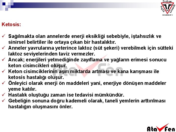 Ketosis: ü Sağılmakta olan annelerde enerji eksikliği sebebiyle, iştahsızlık ve sinirsel belirtiler ile ortaya