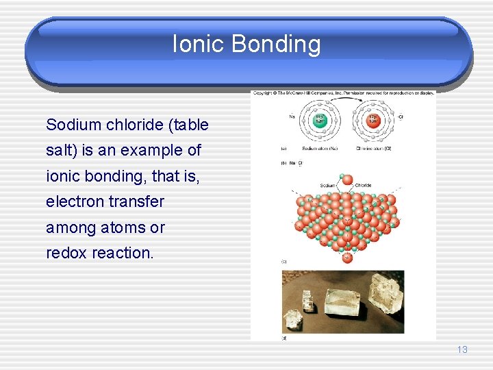 Ionic Bonding Sodium chloride (table salt) is an example of ionic bonding, that is,