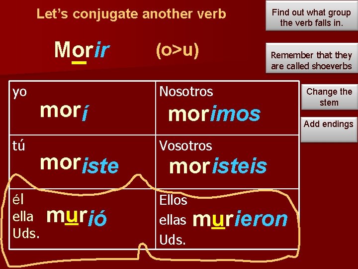Let’s conjugate another verb Morir yo tú morí moriste él ella Uds. murió (o>u)