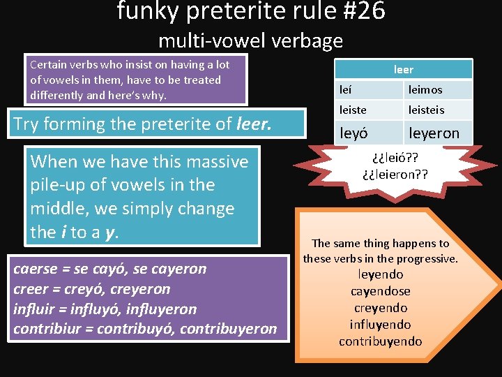 funky preterite rule #26 multi-vowel verbage Certain verbs who insist on having a lot