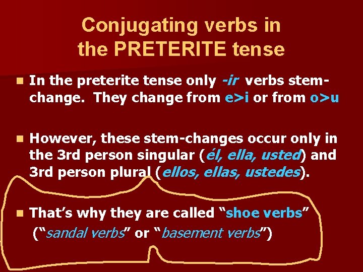 Conjugating verbs in the PRETERITE tense n In the preterite tense only -ir verbs