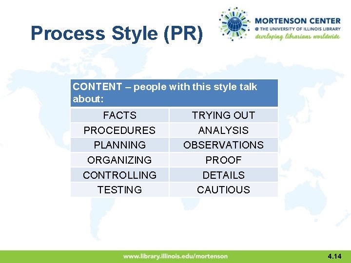 Process Style (PR) CONTENT – people with this style talk about: FACTS PROCEDURES PLANNING