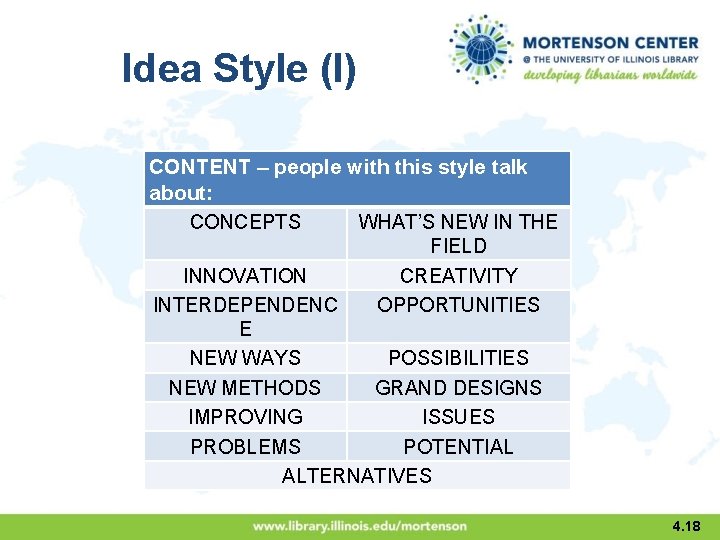 Idea Style (I) CONTENT – people with this style talk about: CONCEPTS WHAT’S NEW