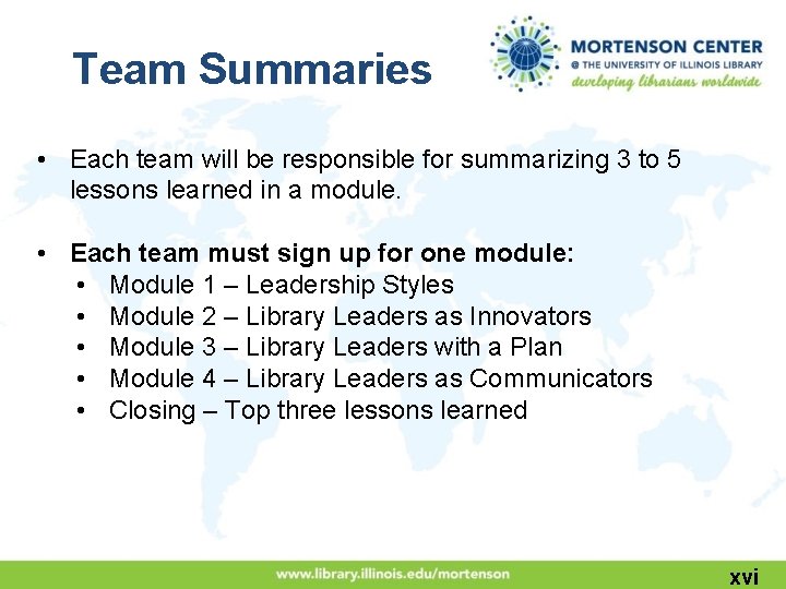 Team Summaries • Each team will be responsible for summarizing 3 to 5 lessons