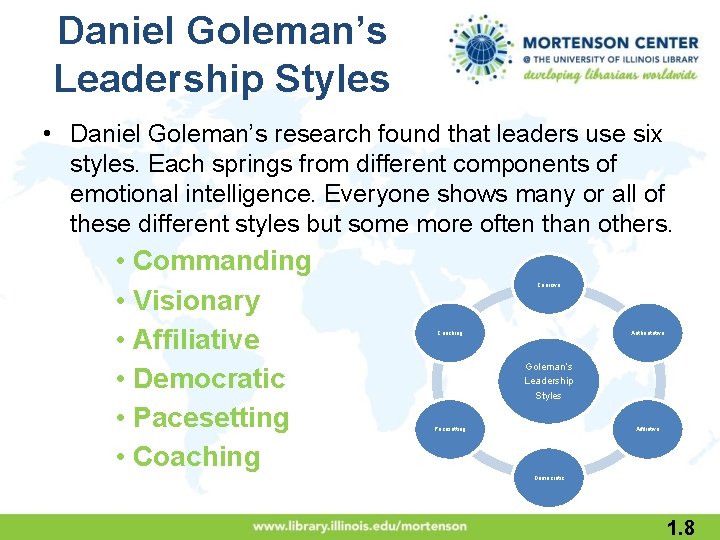 Daniel Goleman’s Leadership Styles • Daniel Goleman’s research found that leaders use six styles.