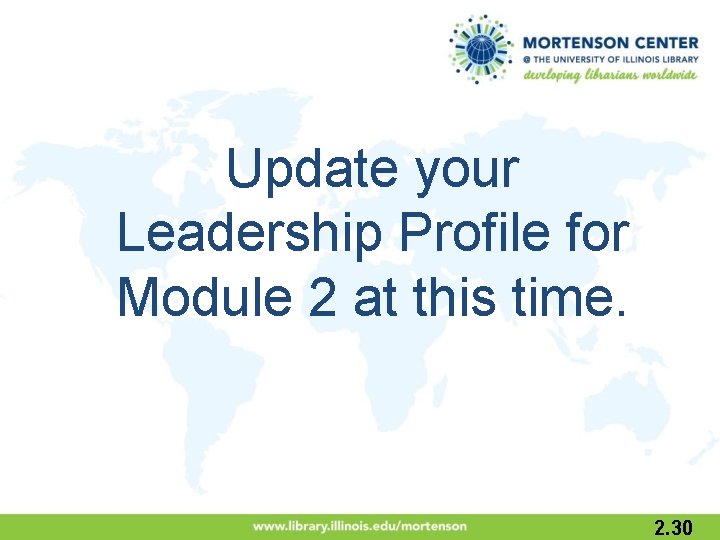 Update your Leadership Profile for Module 2 at this time. 2. 30 