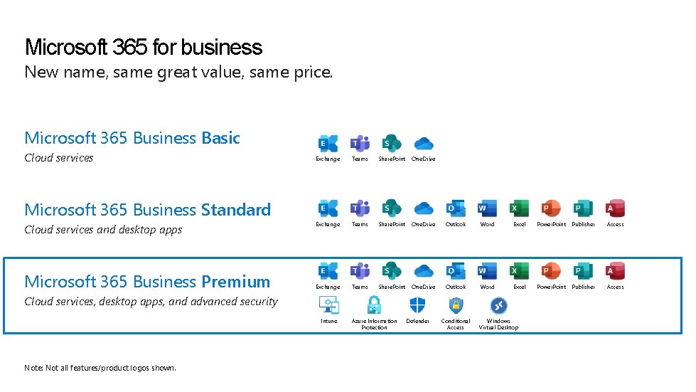 Microsoft 365 for business New name, same great value, same price. Microsoft 365 Business