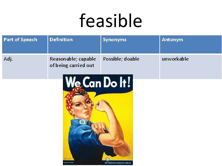 feasible Part of Speech Definition Synonyms Antonym Adj. Reasonable; capable of being carried out