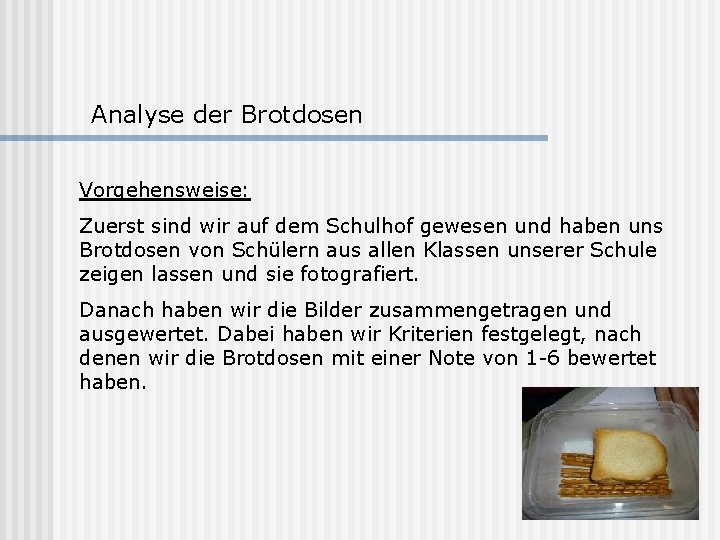 Analyse der Brotdosen Vorgehensweise: Zuerst sind wir auf dem Schulhof gewesen und haben uns