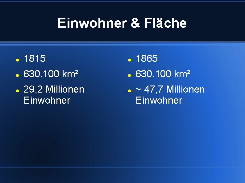 Einwohner & Fläche 1815 1865 630. 100 km² 29, 2 Millionen Einwohner ~ 47,