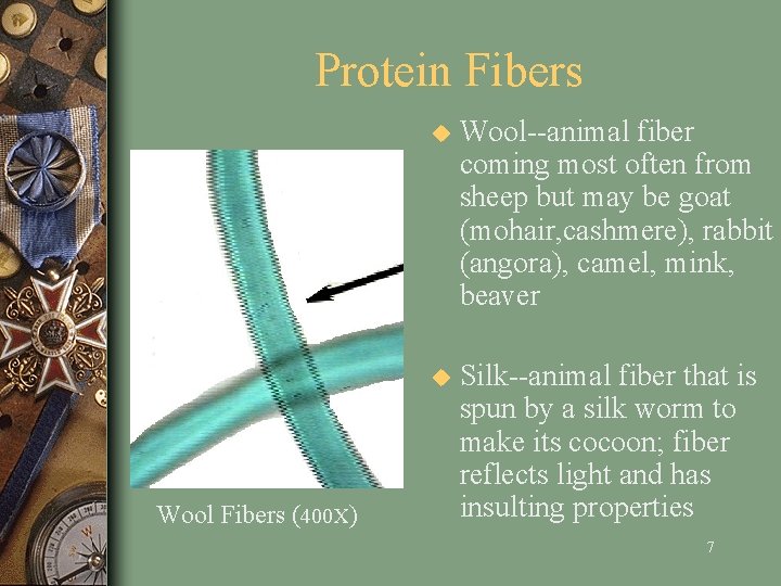 Protein Fibers Wool Fibers (400 X) u Wool--animal fiber coming most often from sheep