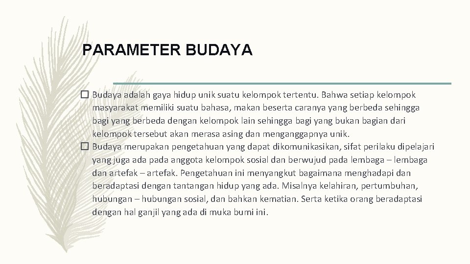 PARAMETER BUDAYA � Budaya adalah gaya hidup unik suatu kelompok tertentu. Bahwa setiap kelompok