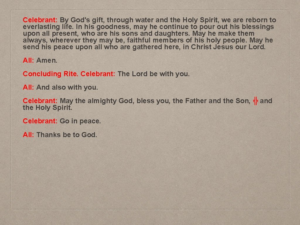 Celebrant: By God's gift, through water and the Holy Spirit, we are reborn to