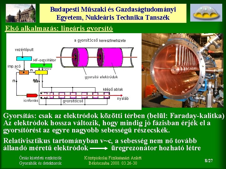 Budapesti Műszaki és Gazdaságtudományi Egyetem, Nukleáris Technika Tanszék Első alkalmazás: lineáris gyorsító Gyorsítás: csak