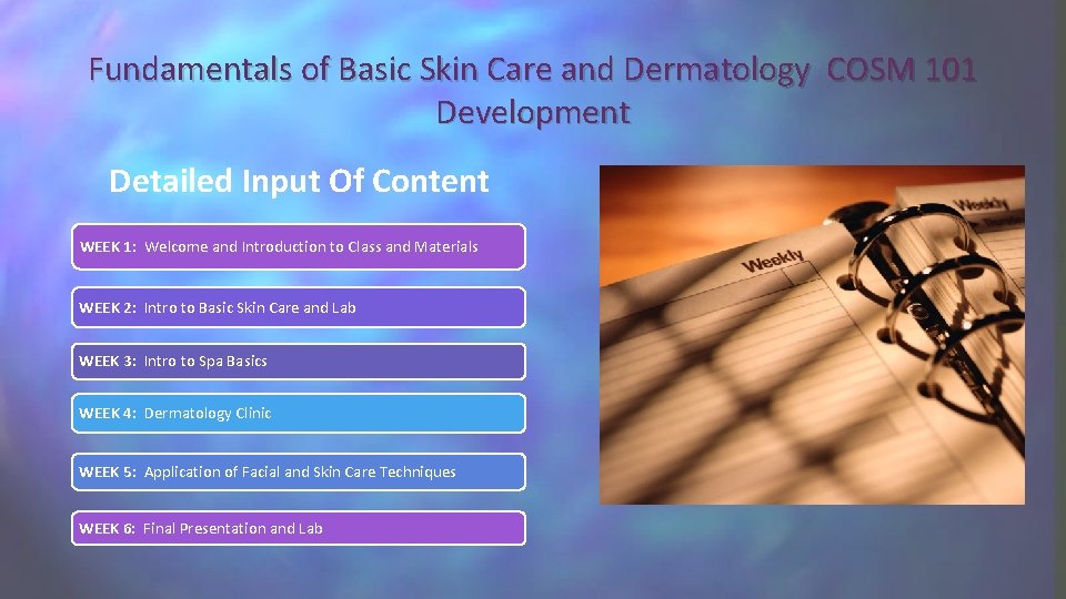 Fundamentals of Basic Skin Care and Dermatology COSM 101 Development Detailed Input Of Content