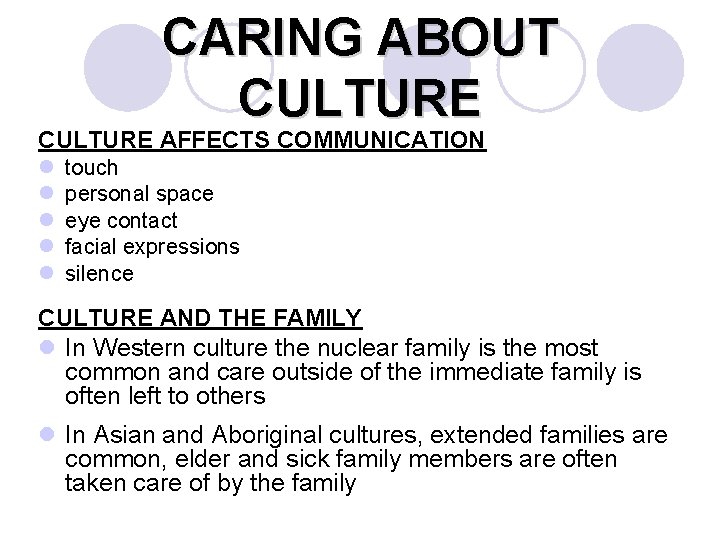 CARING ABOUT CULTURE AFFECTS COMMUNICATION l l l touch personal space eye contact facial